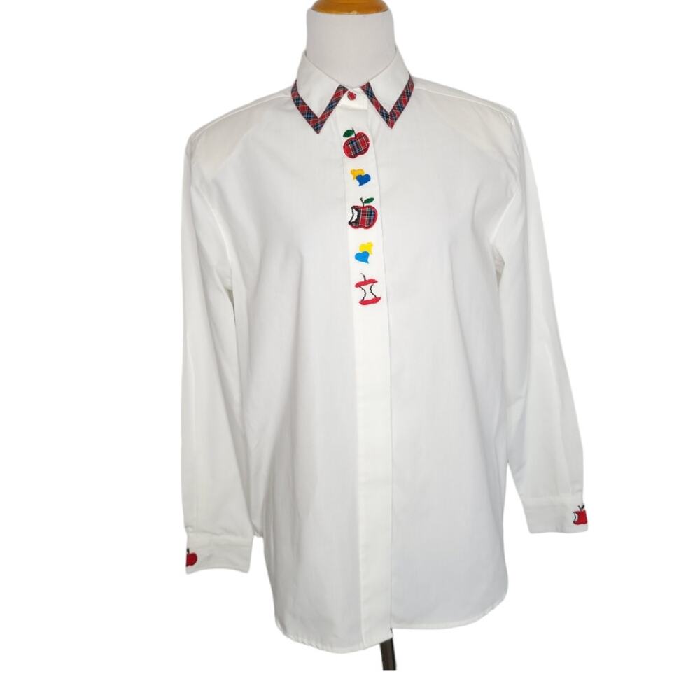 Karen Scott Women Teacher Button Front Shirt Apple Embroidery Novelty Small